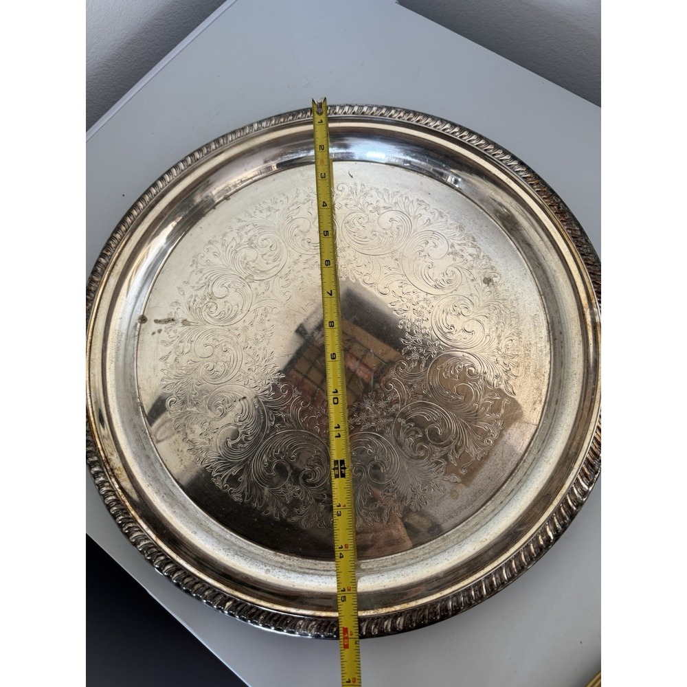 Vintage Sheridan Silver Plated 16" Round Serving Tray Platter Etched Rope Edge - Picture 9 of 10